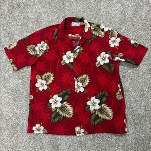 Pacific Legend Apparel Mens Red Floral Hawaiian Short Sleeve Button Down Large